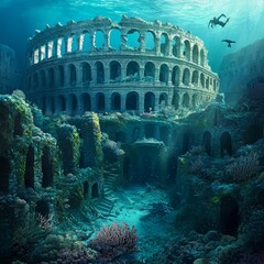 Sunken colosseum overgrown with coral sea monsters circling its ruins