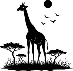 "Giraffe Silhouette in African Savannah"