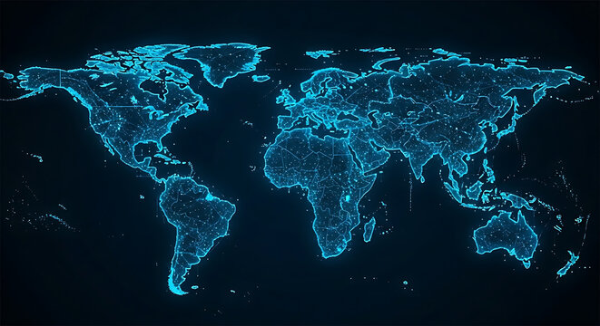 Glowing blue world map with digital network visualization showing global connections, data nodes, and technology communication pathways
