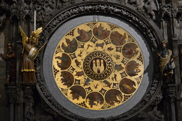 The image shows a detailed close-up of the calendar dial of the Prague Astronomical Clock.