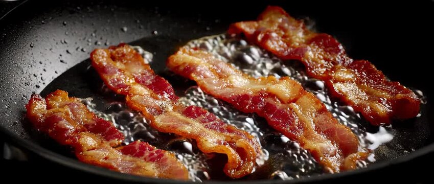 Close-up of a pan of sizzling bacon, displaying rich textures and shimmering fat. Ideal for breakfast, culinary themes, cooking, and food.