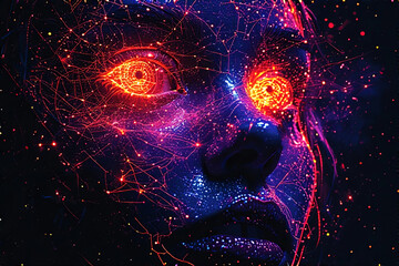 Futuristic digital cosmic face with glowing neon circuitry and fiery eyes, abstract technology and artificial intelligence concept with vibrant light effects on dark background