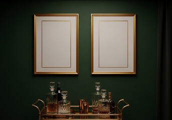 Elegant Home Bar with Golden Frames on Dark Green Wall Mockup