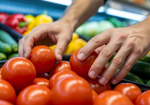 Man selecting fresh ripe tomatoes at a grocery store produce section