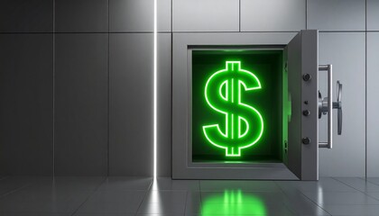 Glowing Green Dollar Sign Inside an Open Safe, Symbolizing Wealth and Financial Security in a Modern Setting