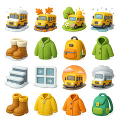 3d icon set of school bus in seasons with boots, coats, backpack, window