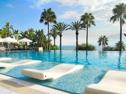 Luxurious Infinity Pool with loungers surrounded by palms and ocean view - Powered by Adobe