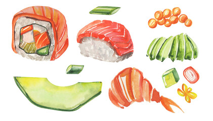 Watercolor hand-drawn set of asian traditional food. Tasty japanese rolls, sushi with fresh fish and shrimps. 