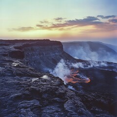 Fototapeta premium Volcanic crater with steaming vents neonorange lava cracks at dusk dramatic contrast