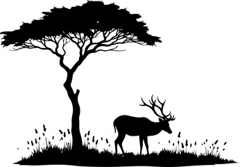 "Serene Deer and Tree Silhouette in Nature"