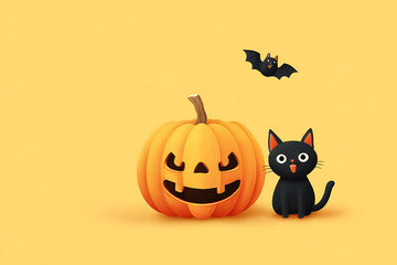 Fototapeta premium A playful Halloween scene featuring a carved pumpkin, a black cat, and a flying bat on a bright yellow background
