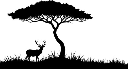 "Serene Deer and Tree Silhouette in Nature"