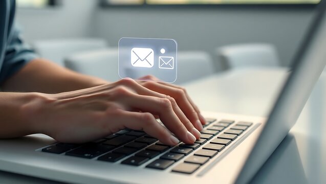 Close-up of a person typing on a laptop, with digital email icons overlayed - Sending and receiving emails