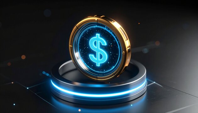 Futuristic digital currency and fintech concept showing a luminous gold coin with a glowing blue dollar symbol on a high-tech podium.