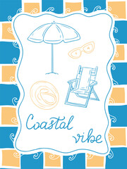 Minimalist coastal illustration with beach umbrella, chair, hat, and sunglasses in blue and yellow lines. Represents summer vacation, relaxation, and seaside leisure