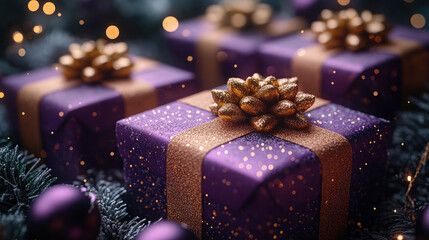 Merry Christmas, New Year, closeup craft violet gift box holiday background, copy space, banner