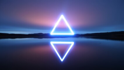 Neon Triangle Reflections over Calm Lake during Dramatic Sunset Creates Futuristic Atmosphere with Tranquil Waterscape