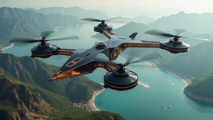 Multi rotor aircraft flying over lakes