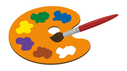 A digital illustration of an artist's paint palette with a red-handled paintbrush. Transparet background .