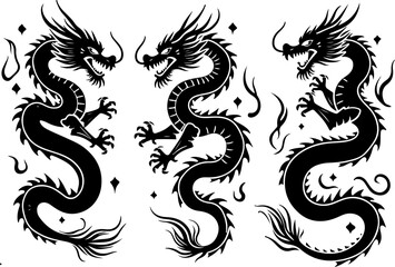 Fototapeta premium Chinese Dragon Vector Trio | Mythical Asian Dragon Clipart