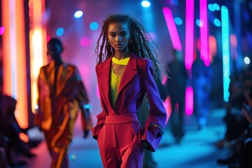 Obraz premium Bold and colorful runway looks showcase models in vibrant suits under neon lights, creating energetic atmosphere filled with excitement and style