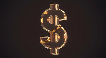 Dollar sign graphic with gold band in a 3D rendering. Abstract financial symbol with glowing edges and elegant embellishment.