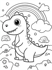 Cute cartoon-style dinosaur, big eyes and smile, rainbow and clouds, black and white line art, no color, minimal details, smooth and clean outlines, coloring book style, suitable for children aged 3-6