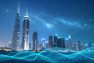 Futuristic dubai skyline with digital network overlay at night