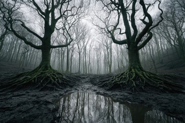 Misty forest with gnarled trees and exposed roots reflecting in a puddle