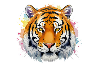 Fototapeta premium Watercolor Tiger Portrait: Majestic feline head against a vibrant splash background isolated on transparent background