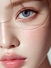 Close up of a beautiful woman's face showing her clear skin and captivating blue eyes, a vision of beauty