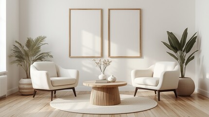 Minimalist Living Room with Two Armchairs, Coffee Table, and Blank Artwork