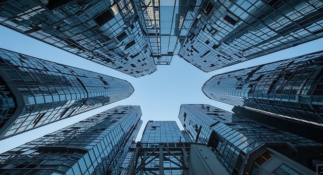 Architectural Symmetry: Five Reflective Glass Towers Converging Towards the Sky
