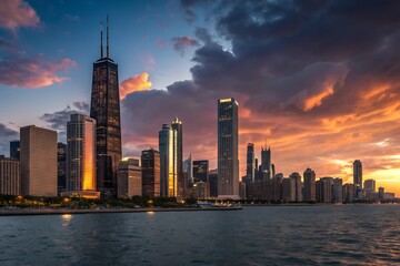 Fototapeta premium Chicago skyline at sunset with dramatic clouds and water reflection