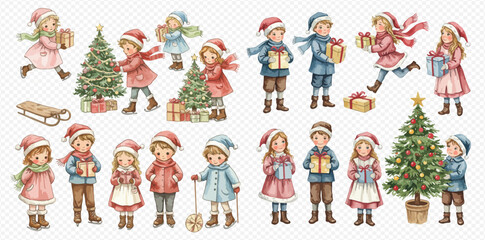 A charming collection of vintage watercolor illustrations depicting children in winter clothes celebrating Christmas with gifts and decorated trees.