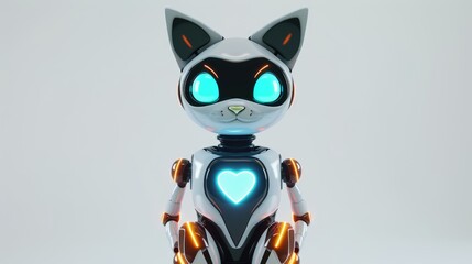 Obraz premium Concept of futuristic cute robotic cat animal toy for children on white background. Modern technology, AI