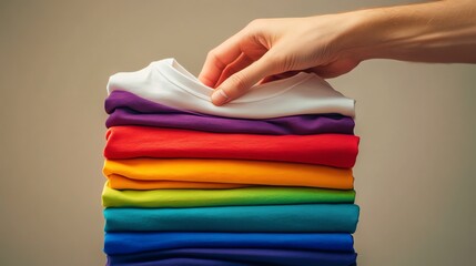 Colorful shirts stacked neatly for organization.