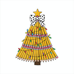 Christmas Tree Made of Pencils with Star and Bow Topper