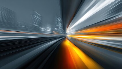 Urban night cityscape, motion blur.  Fast-paced, dynamic,  lights streaking