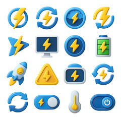 3d energy icon set featuring lightning, clock, battery, rocket, computer, and switch symbols