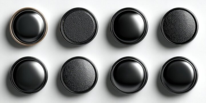 Nine glossy black buttons, some with a textured surface, arranged in a grid on a white background