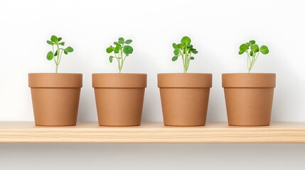 Four seedlings in terracotta pots symbolize growth and new beginnings