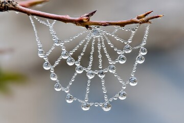 Dew-kissed spiderweb, intricate design of water droplets
