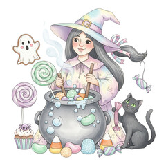 A witch stirring a cauldron surrounded by candies, a black cat, and a ghost-shaped cookie.