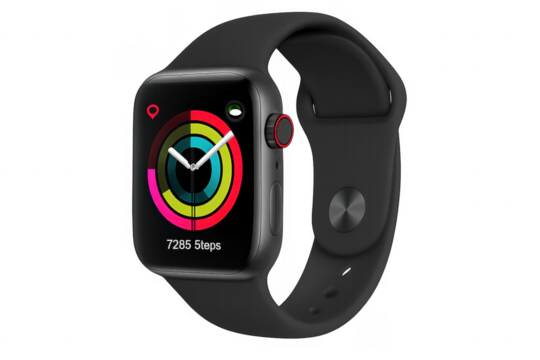 Smartwatch showing fitness tracking data on transparent background