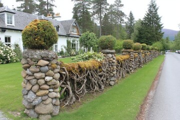 Stone wall with root-covered supports, shrubs, and house