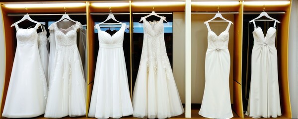 Six White Wedding Dresses in a Wooden Display Cabinet