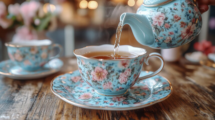 Hot tea is being poured from a beautiful floral teapot into an elegant floral teacup, creating a comforting steam on a rustic wooden table during a serene tea time.