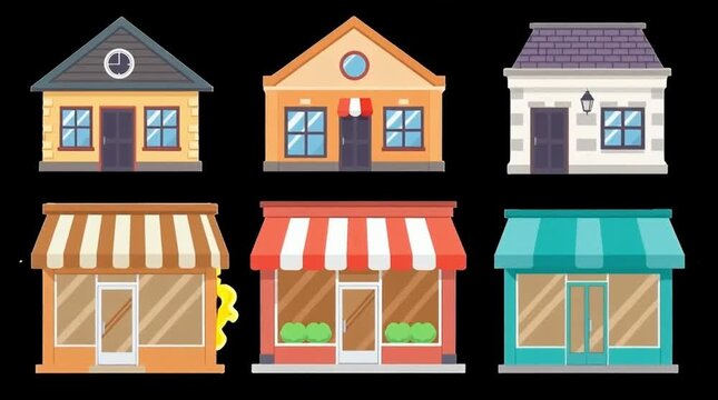 Cartoon-style storefronts with unique designs featuring colorful awnings and decorative elements, perfect for commercial and artistic use.