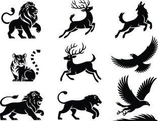 Wild animal silhouettes, lion, deer, wolf, tiger, eagle, black vector illustration, wildlife icons, hunting design, predator, forest animals, flying bird